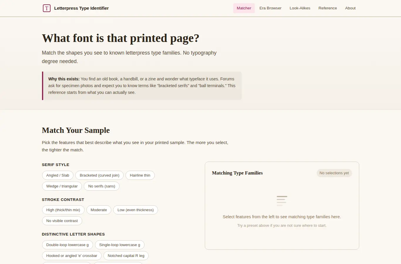 Screenshot of Letterpress Type Font Identifier interface showing the project page in use